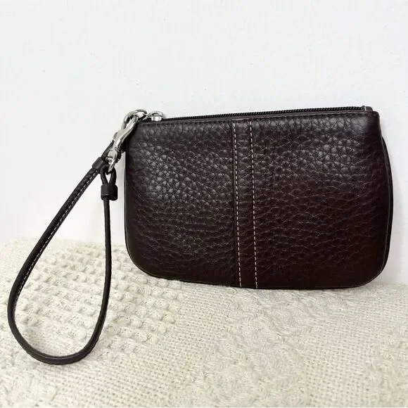 Y2K Coach Small Pebble Leather Wristlet F42389 Silver Mahogany Brown Clip Pouch - Picture 2 of 10